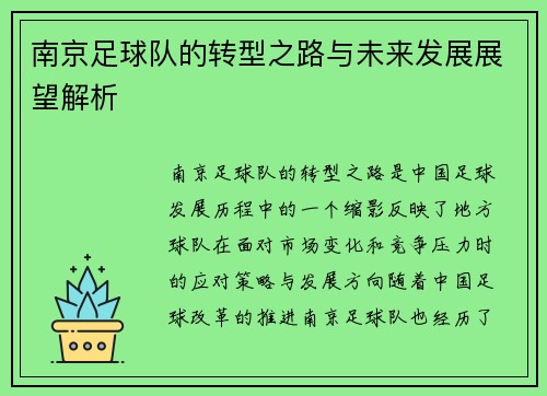 南京足球队的转型之路与未来发展展望解析