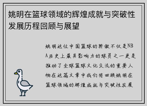 姚明在篮球领域的辉煌成就与突破性发展历程回顾与展望